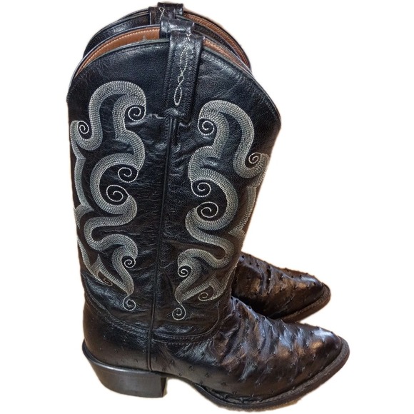 Tony Lama Ostrich Western Boots Mens 8.5D Round Toe Black Leather Classic Cowboy - Picture 5 of 16